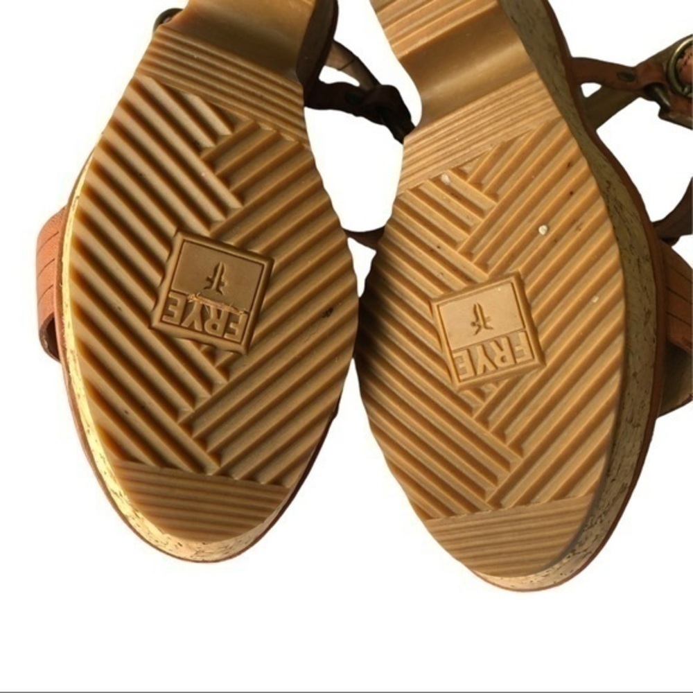 Frye Brown Leather Braylin Artisanal T Strap Cork Wedge Sandals Size 7M - Picture 4 of 9